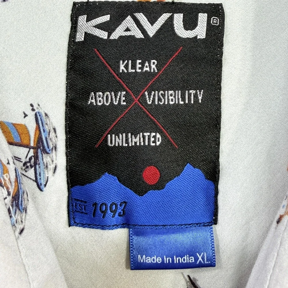 KAVU Shirt Mens XL White Western Graphic Print Short Sleeve Button Up Casual